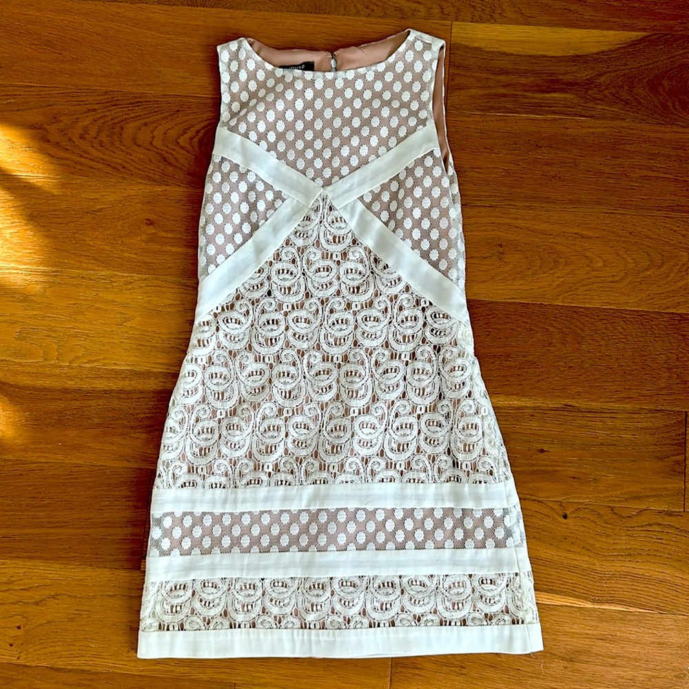 NWOT, muse,  ivory lace with nude lining shift dress, incredible detail, size 2